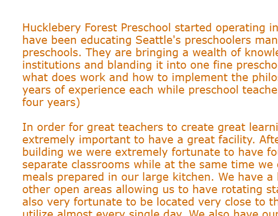Huckleberry Forest Preschool of the Arts and Science reviews