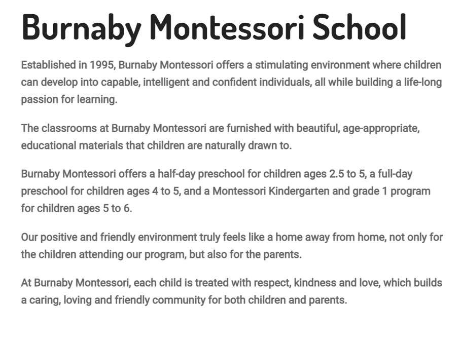 Burnaby Montessori School reviews